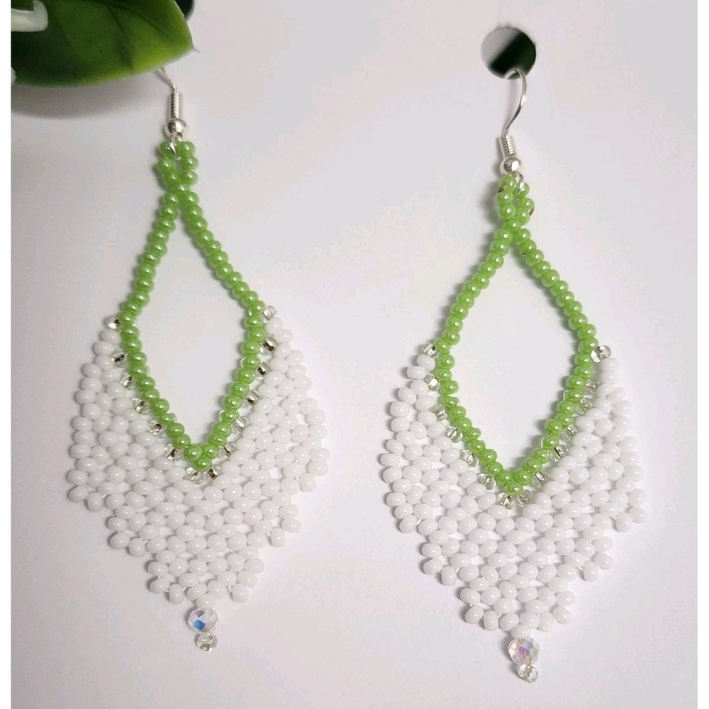 Boho Feather Dangle Earrings White Color, Festival Summer Style - Picture 2 of 5
